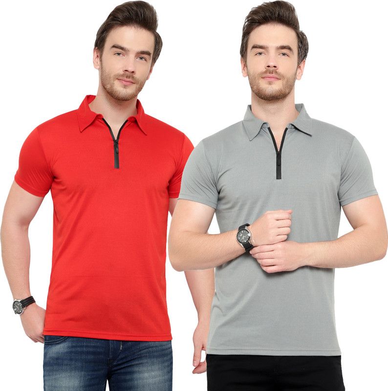 Pack of 2 Men Solid Polo Neck Cotton Blend Silver, Red T-Shirt