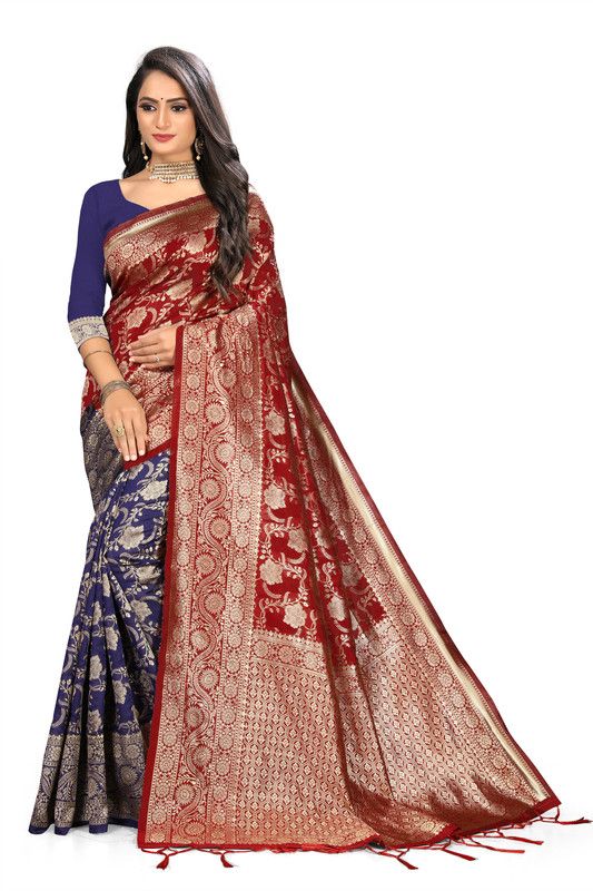 Floral Print Kanjivaram Silk Blend Saree  (Maroon)