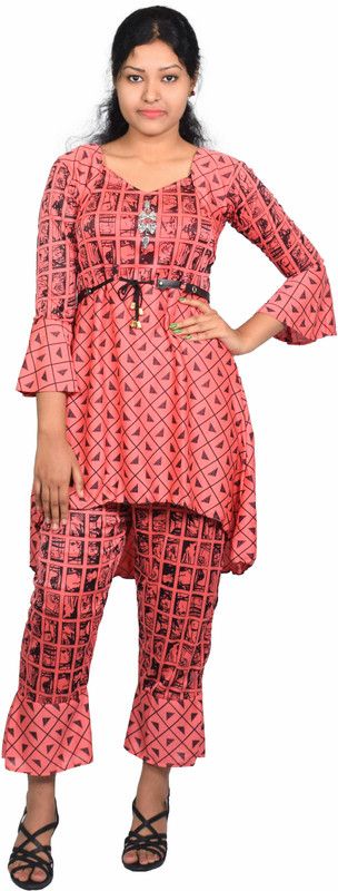 Baby Girls Casual Top Pant  (Orange)