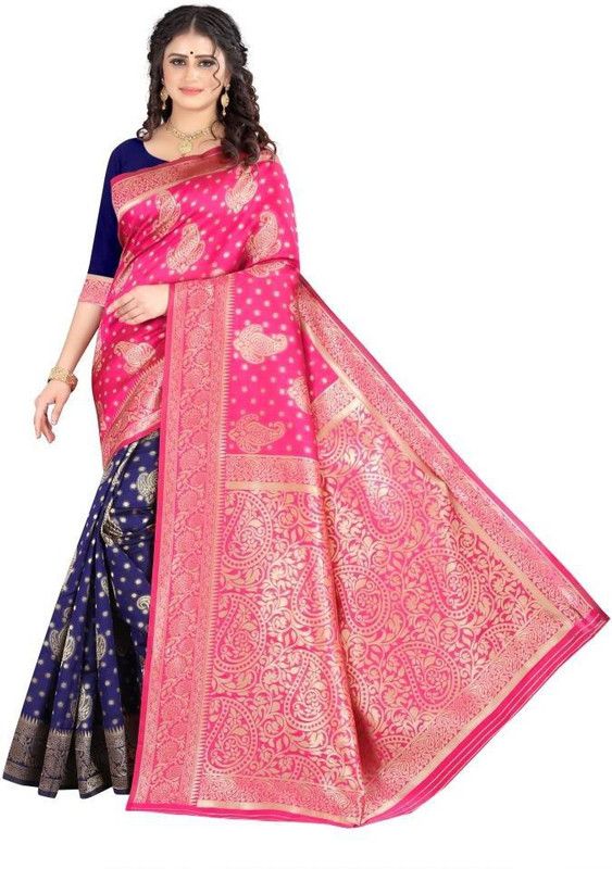 Woven Banarasi Jacquard Saree  (Dark Blue, Pink)