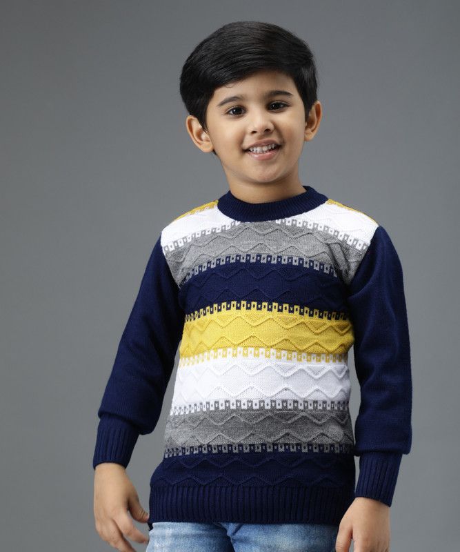 Boys & Girls Colorblock Round Neck Dark Blue Sweater
