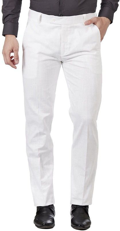 Men Regular Fit White Linen Blend Trousers