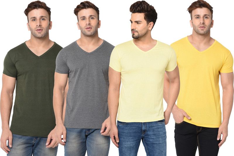 Pack of 4 Men Solid V Neck Cotton Blend Dark Green, Grey, Yellow T-Shirt