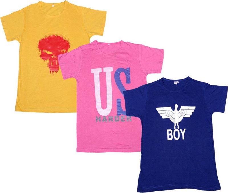 Boys Printed Polycotton T Shirt  (Multicolor, Pack of 3)