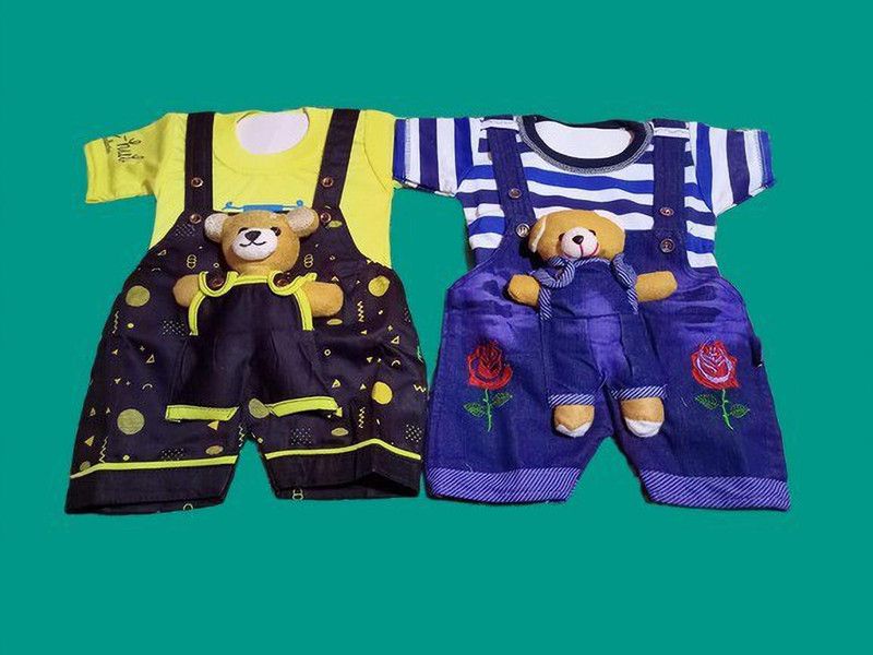 Dungaree For Baby Boys & Baby Girls Printed, Applique Cotton Linen Blend  (Multicolor, Pack of 2)