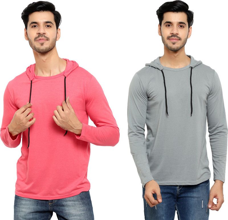 Pack of 2 Men Solid Hooded Neck Cotton Blend Silver, Pink T-Shirt