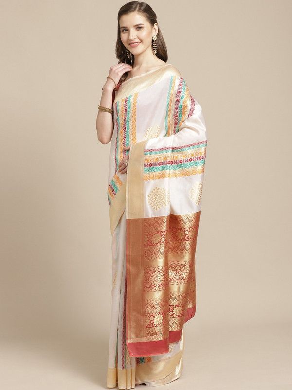 Self Design Kasavu Pure Silk Saree  (White, Maroon)