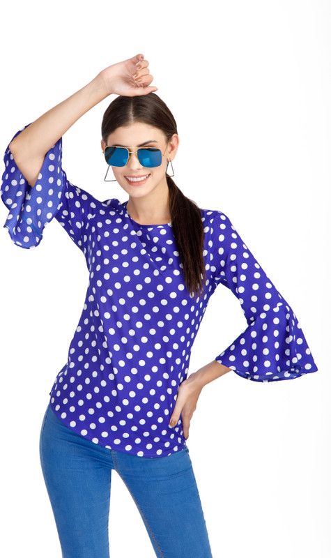 Casual Flared Sleeves Printed Women Blue, White Top
