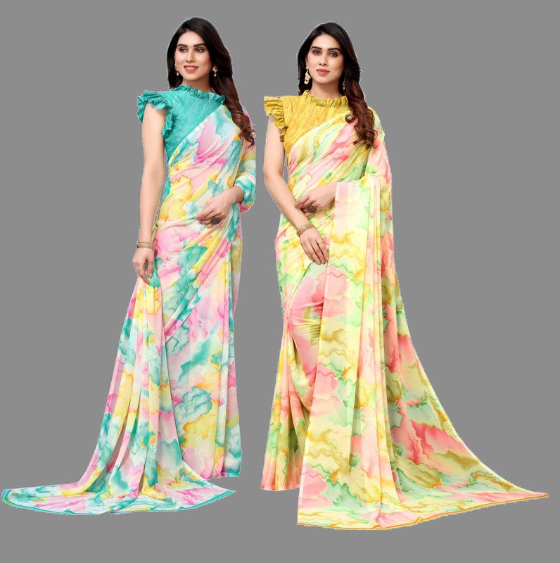 Daily Wear Georgette Saree  (Light Blue, Yellow)