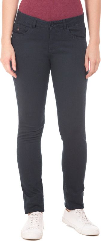 Women Skinny Fit Dark Blue Cotton Blend Trousers