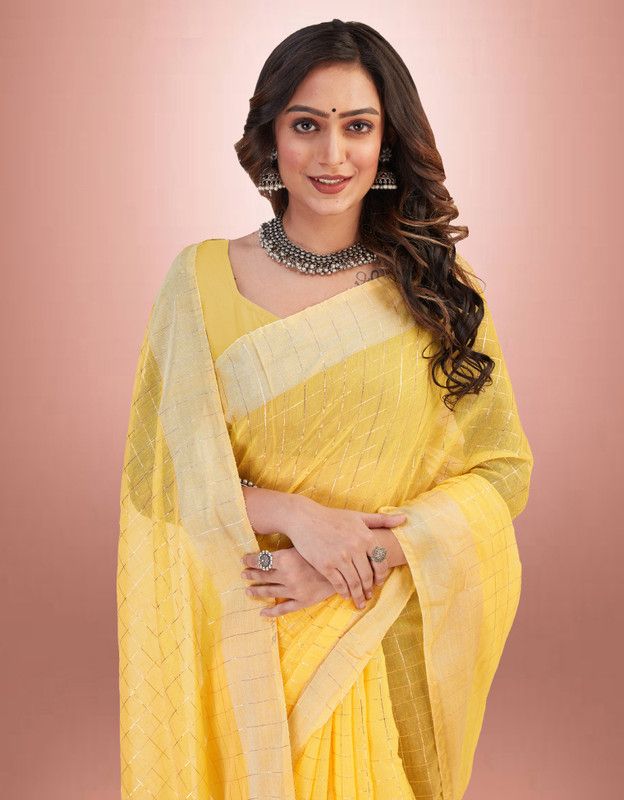 Checkered, Self Design Banarasi Jacquard, Cotton Silk Saree  (Yellow)