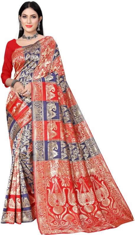 Woven Kanjivaram Art Silk Saree  (White, Black)