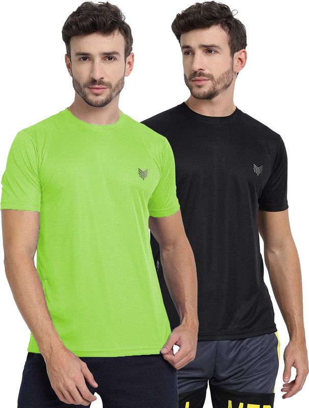 Pack of 2 Men Solid Round Neck Polyester Green, Black T-Shirt