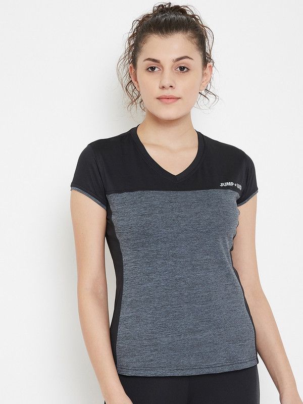 Women Colorblock V Neck Polyester Black T-Shirt