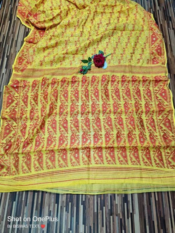 Printed Jamdani Pure Cotton Saree  (Red, Yellow)