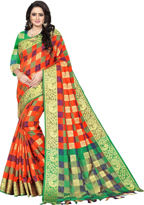 Checkered Kanjivaram Cotton Silk Saree  (Multicolor)