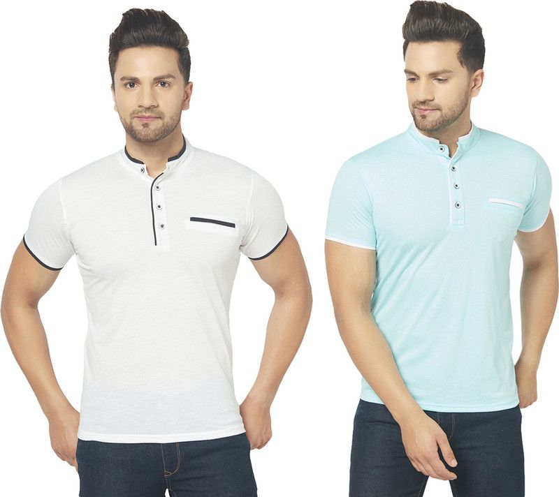 Pack of 2 Men Solid Henley Neck Cotton Blend Light Blue, White T-Shirt