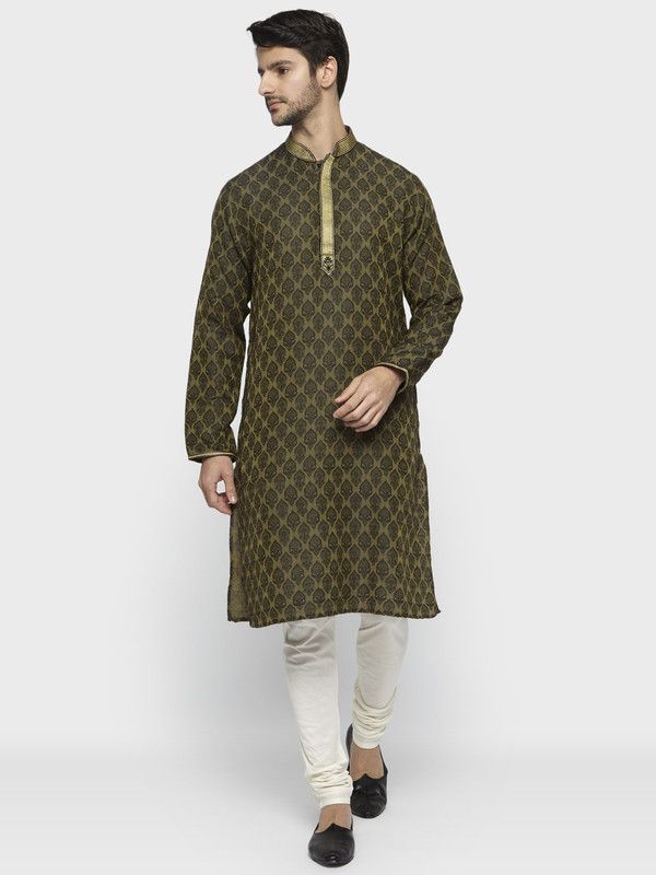 Men Printed Polyester Straight Kurta  (Green)