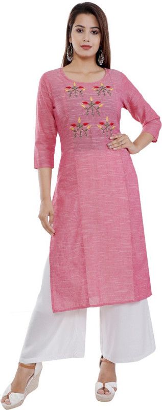 Women Embroidered Khadi Cotton Straight Kurta  (Pink)