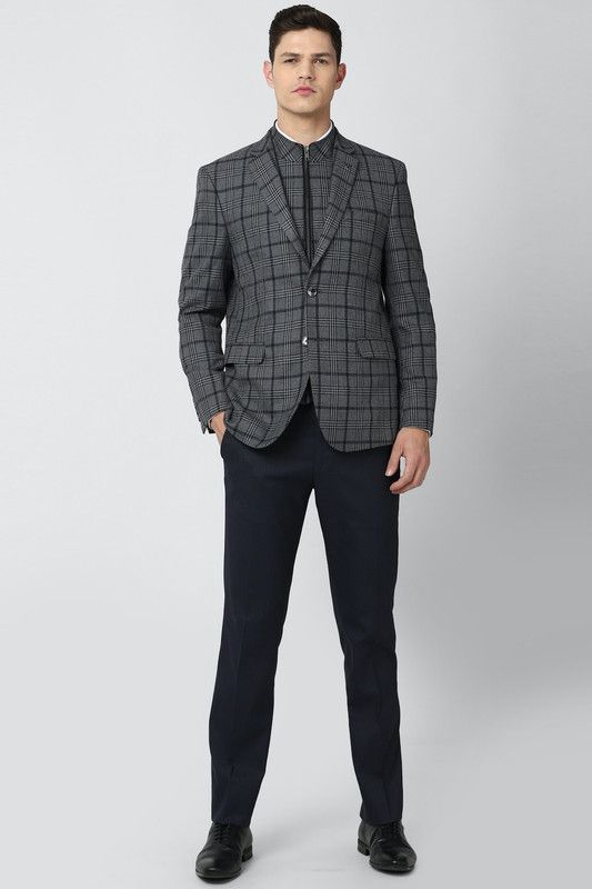 Men Checkered Single Breasted Formal Blazer  (Grey)