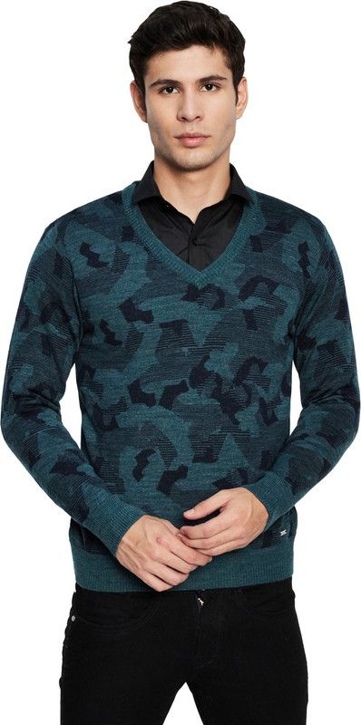 Men Printed V Neck Green Sweater