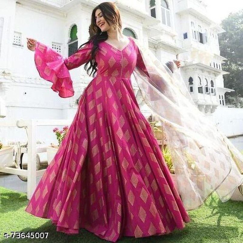 Self Design Rayon Blend Stitched Anarkali Gown  (Pink, Red)