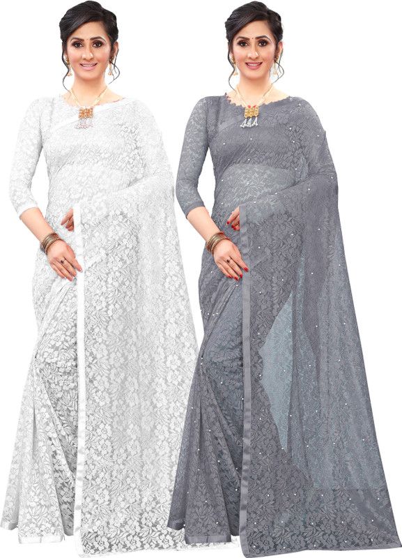 Embellished Bollywood Brasso Saree  (Pack of 2, White, Grey)