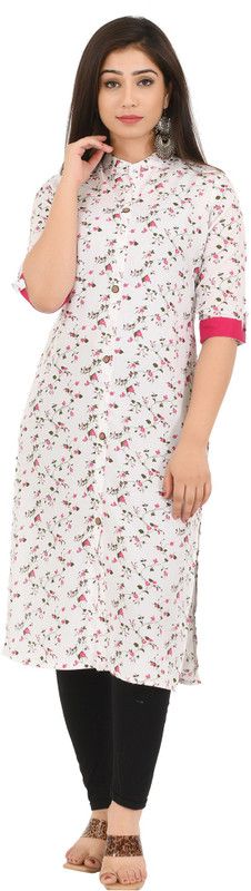 Women Printed Cotton Rayon Straight Kurta  (White, Pink)