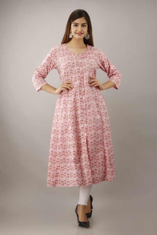 Women Printed Pure Cotton Ethnic Dress  (Pink)