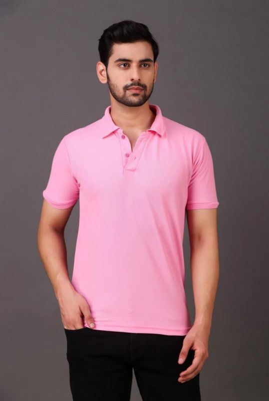 Men Sporty Polo Neck Polyester Pink T-Shirt