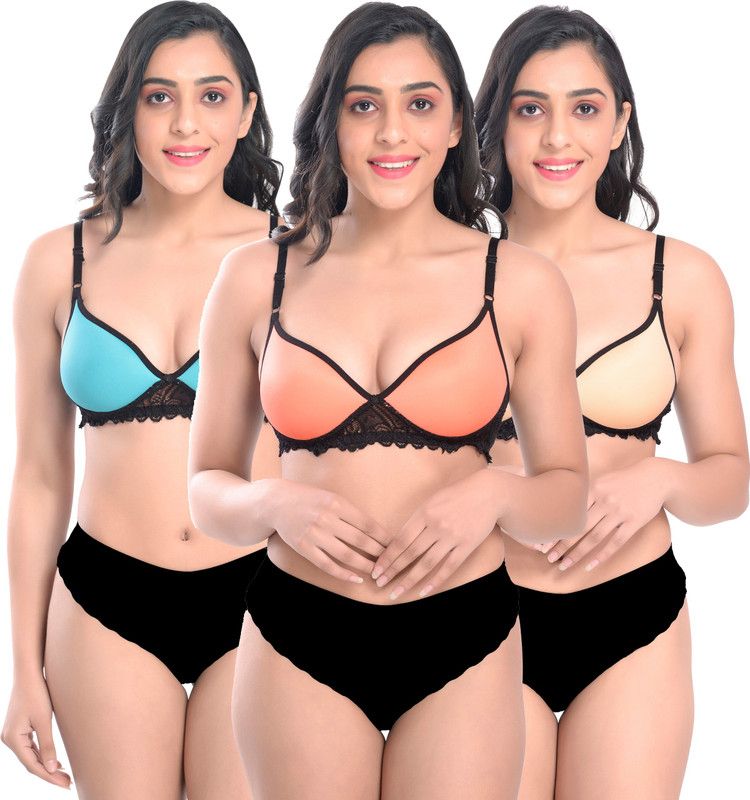 Bra & Panty Set Self Design Blue, Orange, Brown Lingerie Set