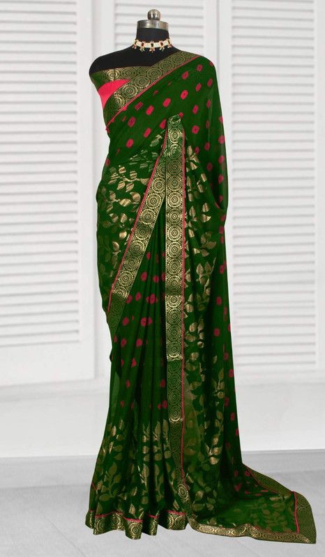 Embellished Bandhani Art Silk Saree  (Green)