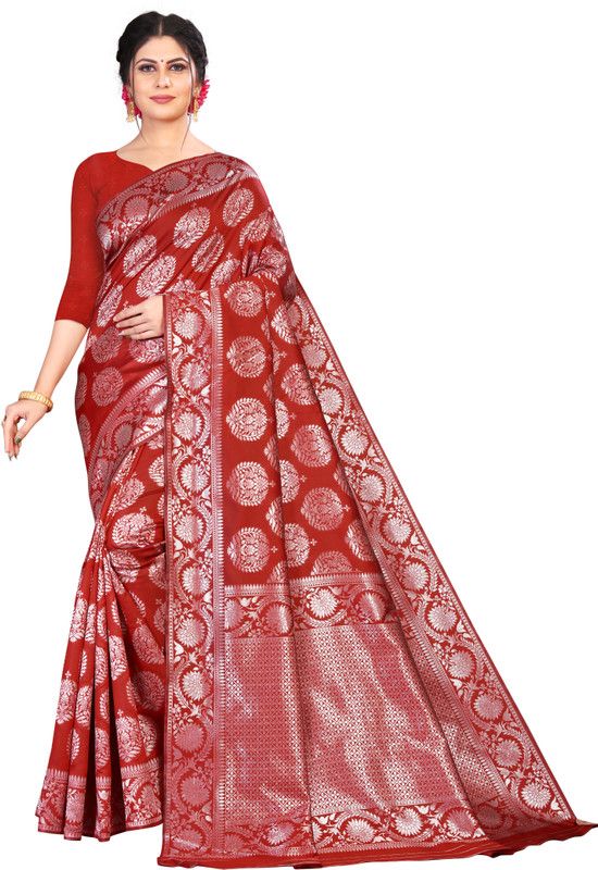 Floral Print Banarasi Pure Silk Saree  (Red)