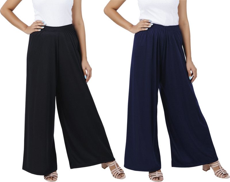 Pack of 2 Women Flared Black, Blue Cotton Blend Trousers