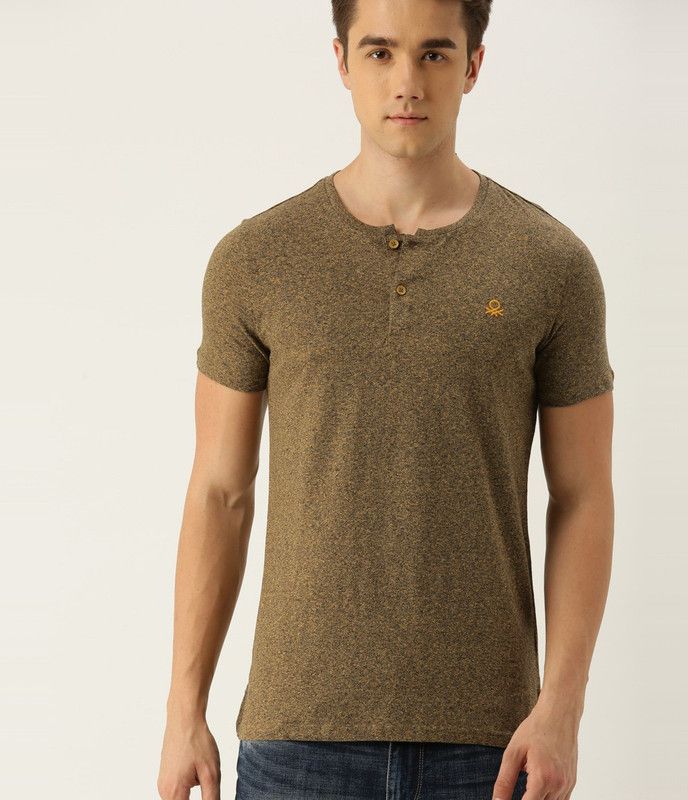 Men Self Design Henley Neck Pure Cotton Yellow T-Shirt