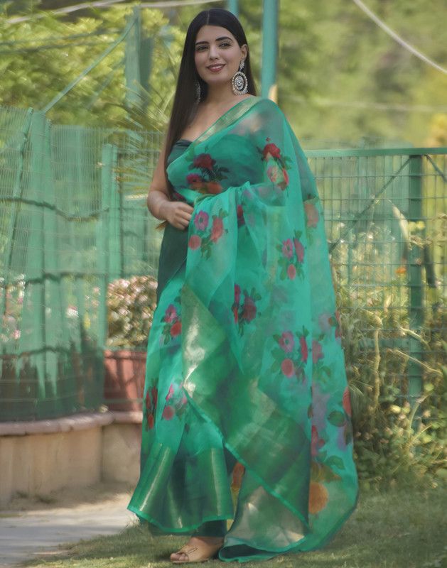 Printed, Woven, Embellished, Floral Print Bollywood Organza Saree  (Green)