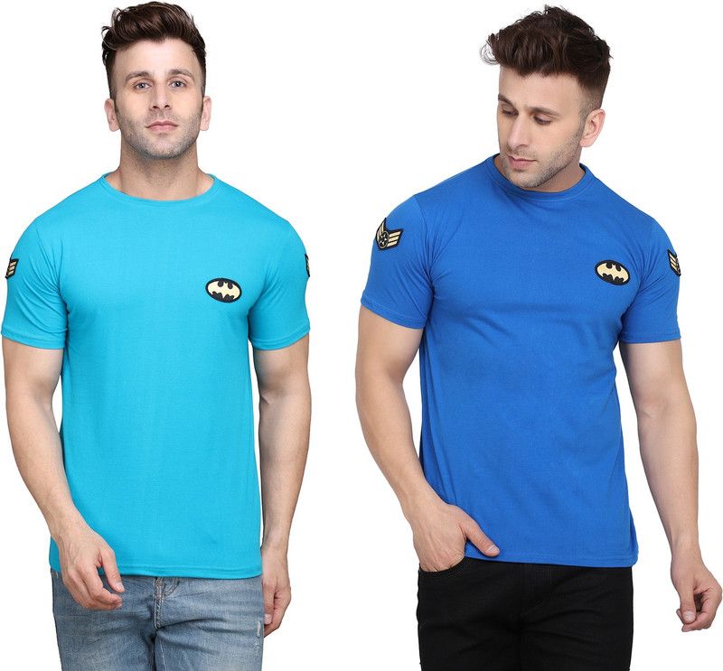 Pack of 2 Men Solid Round Neck Cotton Blend Light Blue, Blue T-Shirt