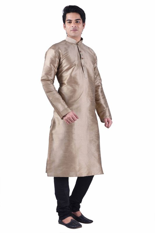 Men Self Design Silk Blend Straight Kurta  (Silver)