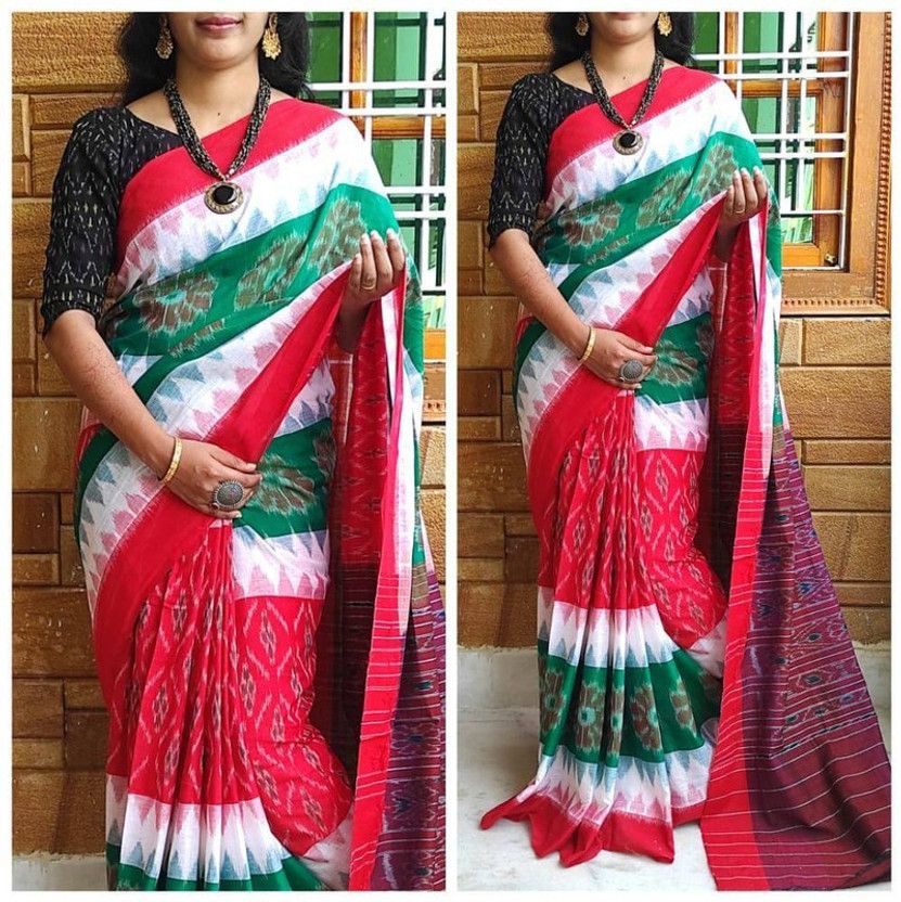 Printed Handloom Linen Saree  (Red, Green)