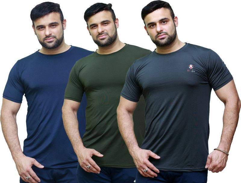 Pack of 3 Raaxada Men's Solid Regular Fit Tshirt (Pack of 3) Men Solid Round Neck Reversible Nylon Dark Blue, Dark Green T-Shirt