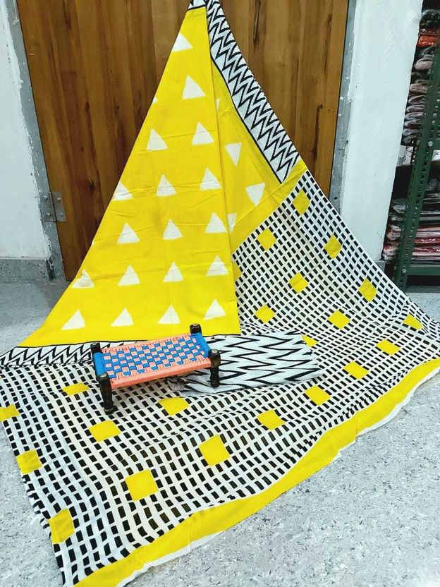 Blocked Printed Ikkat Pure Cotton Saree  (Yellow)