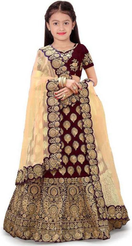 Indi Girls Lehenga Choli Western Wear, Ethnic Wear, Party Wear Embroidered Lehenga, Choli and Dupatta Set  (Maroon, Pack of 1)