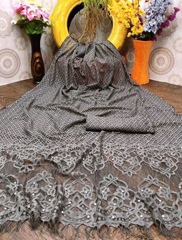 Floral Print Bollywood Net Saree  (Grey)