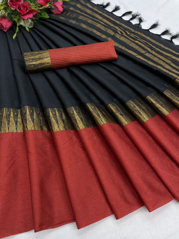 Temple Border Bollywood Cotton Silk Saree  (Black)