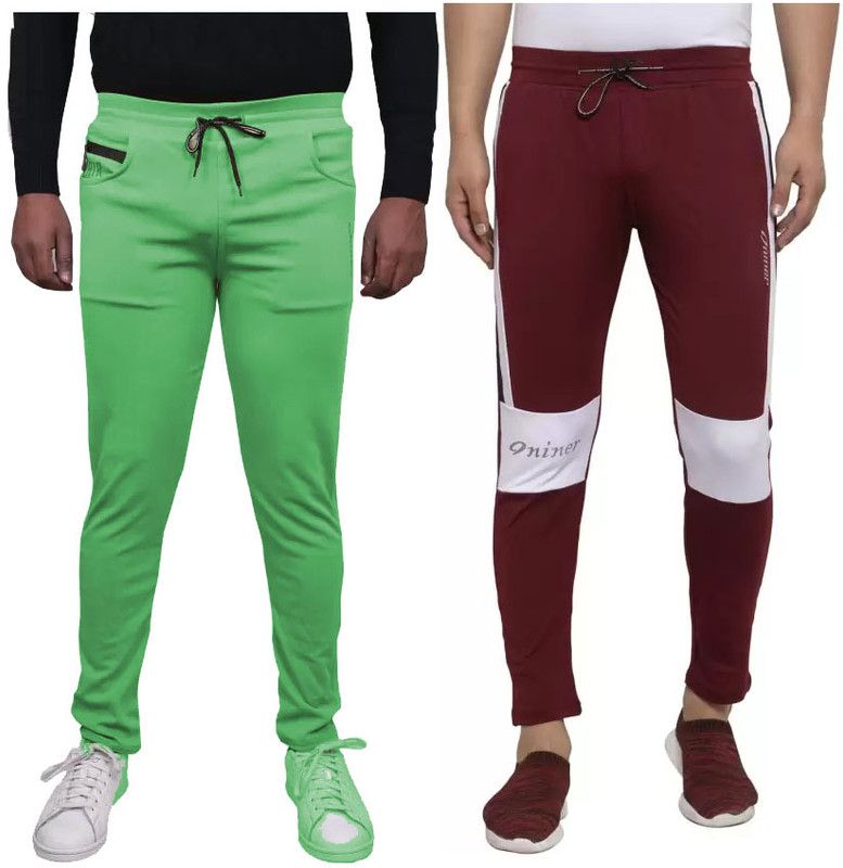Pack of 2 Men Solid Maroon, Light Green Track Pants