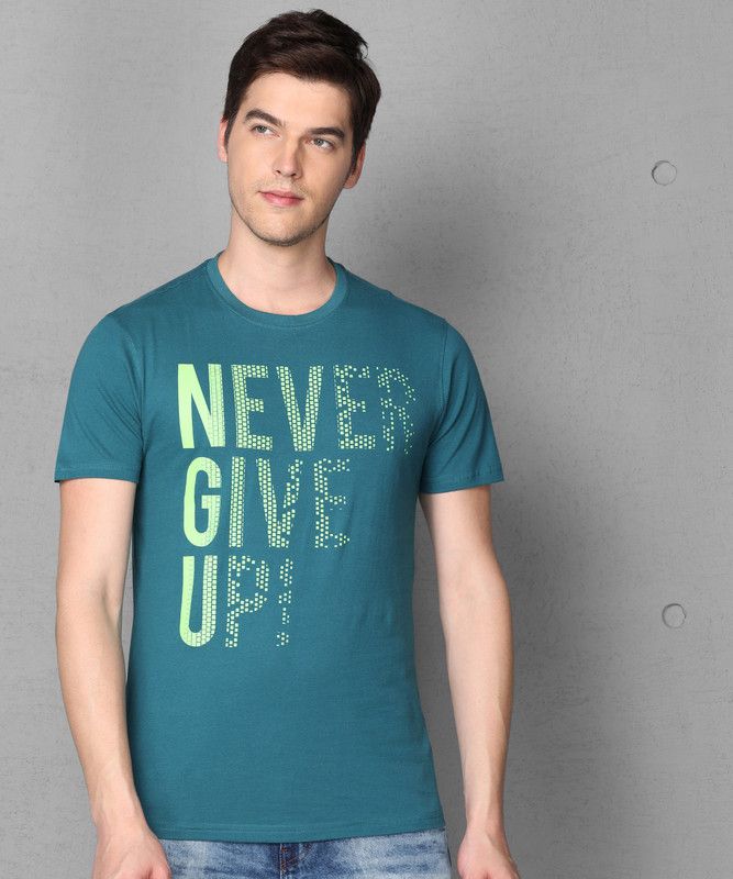 Printed Men Round Neck Pure Cotton Blue T-Shirt