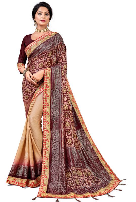 Woven Bandhani Chiffon Saree  (Brown)