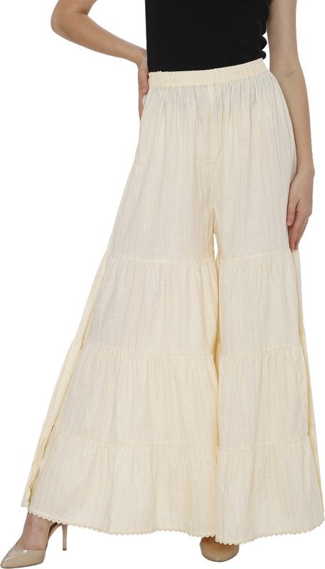 Women Flared Cream Cotton Blend Trousers