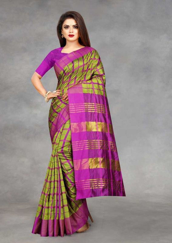 Checkered Chettinadu Chanderi Saree  (Purple, Green)