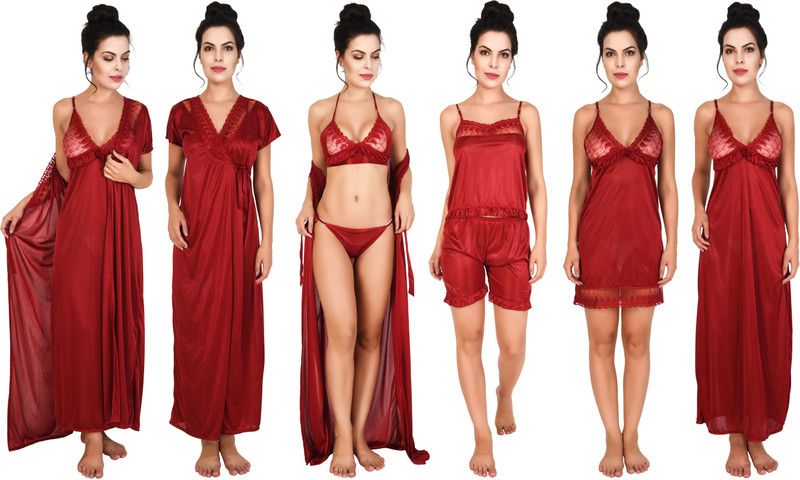 Pack of 7 Women Nighty Set  (Red)